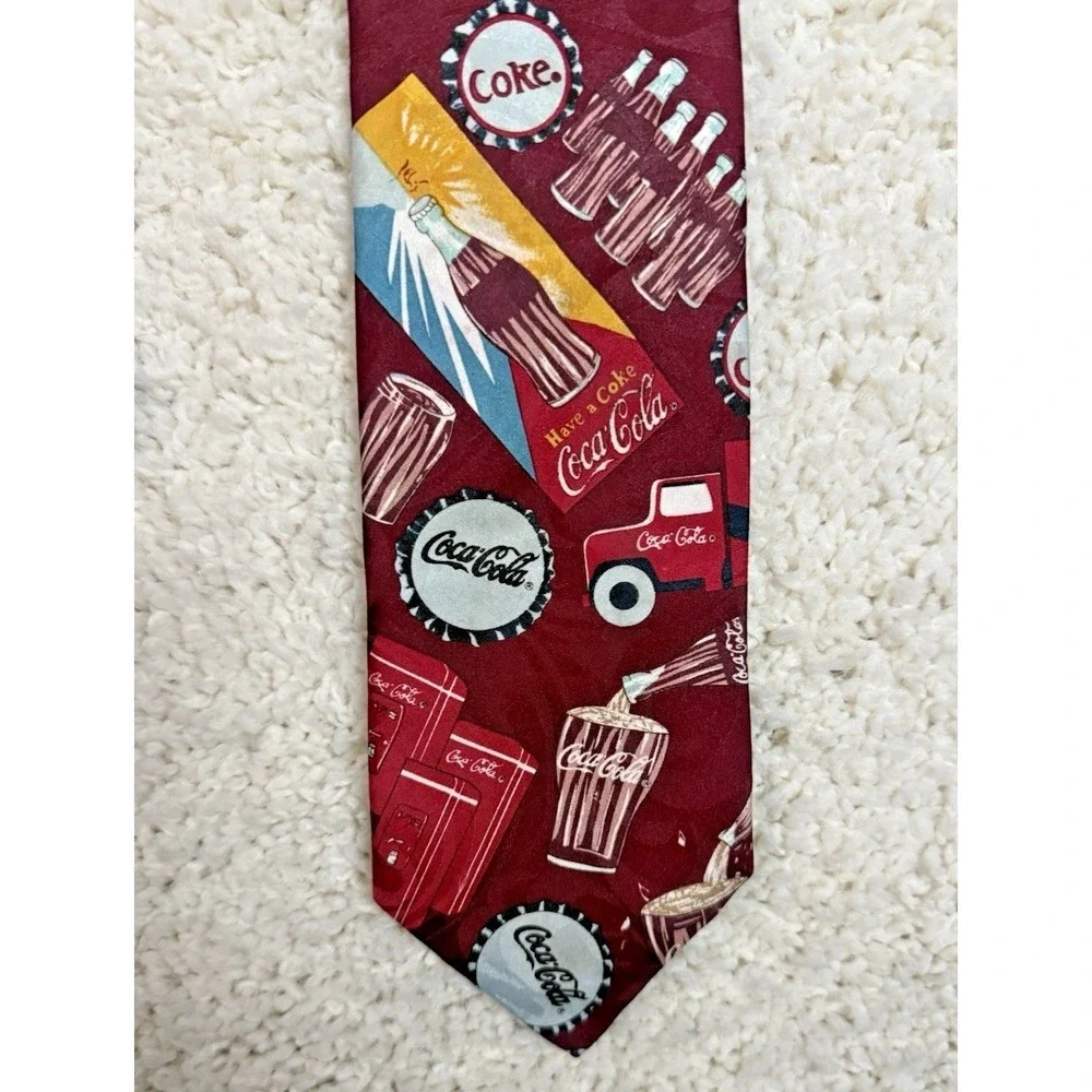 Vintage Coca-Cola Mens Necktie Burgundy Red Soda Bottle Logo Novelty Silk Like